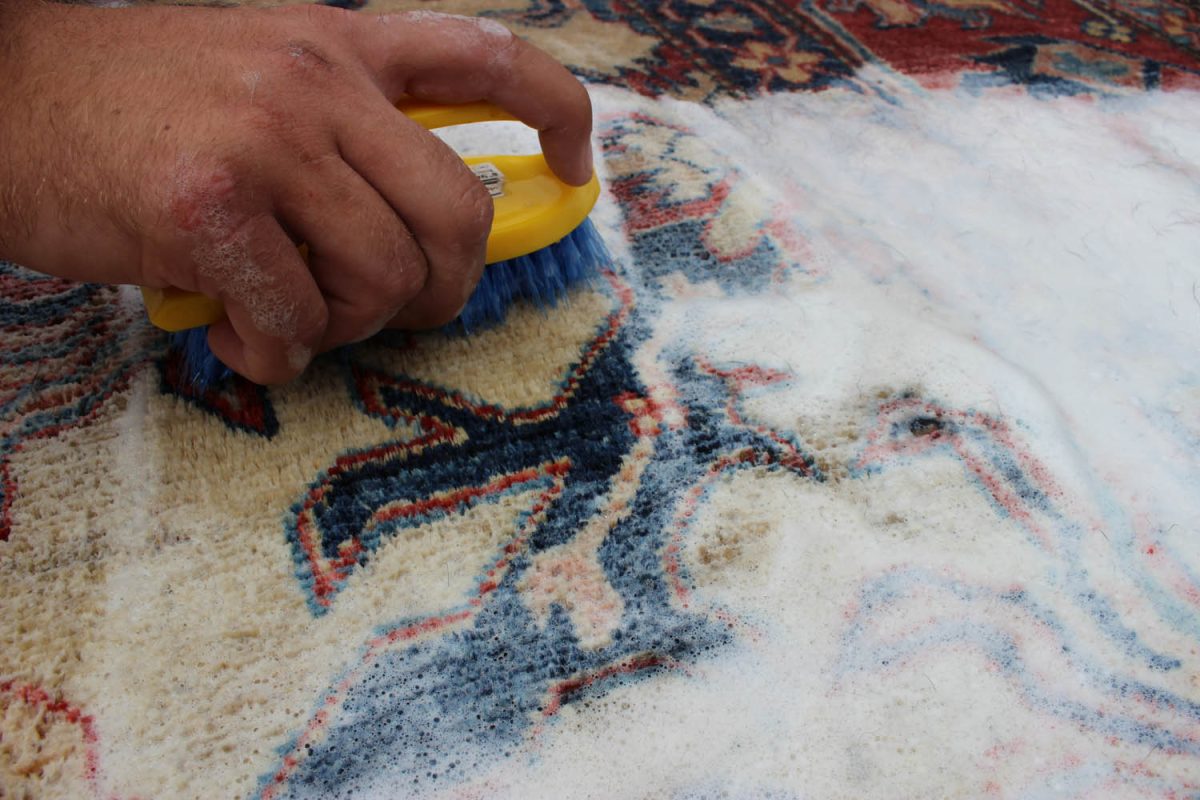 Cleaned Persian rug with a brush in process.