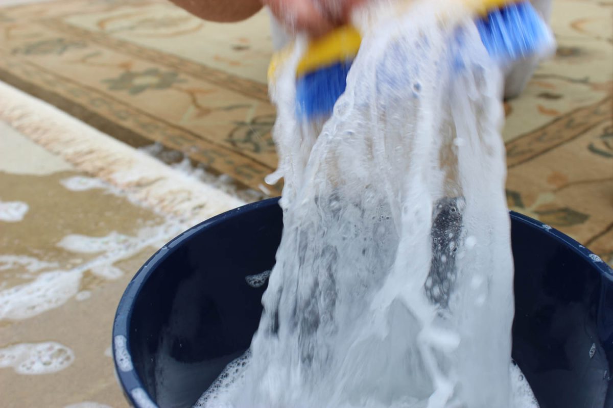 Rinsing a cleaning brush over a bucket while washing an area rug