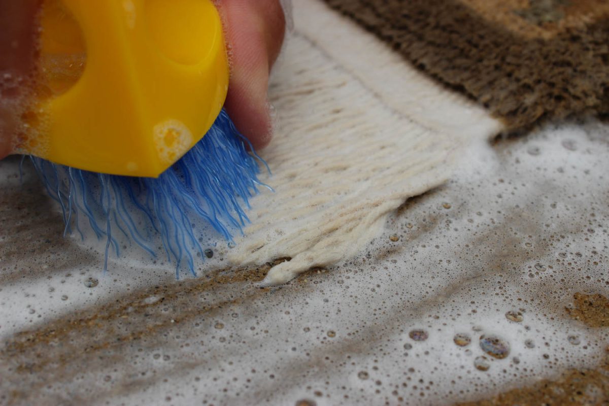 Rug cleaning process with a brush and soap to remove dirt and stains from a rug.