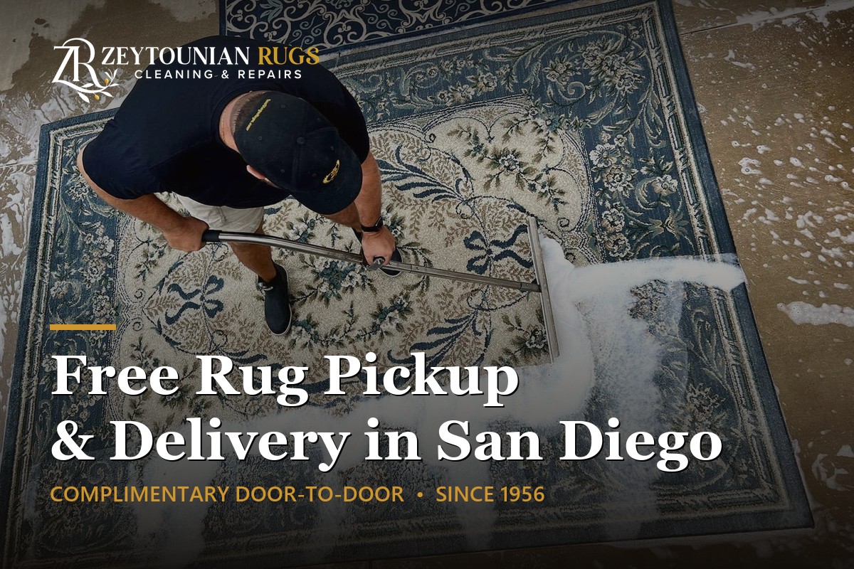 Zeytounian Rug Cleaning technician deep-washing a rug after pickup and delivery in San Diego.
